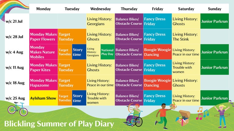 Summer of Play Diary showing different activities throughout the summer